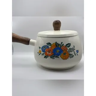 Photo of Vintage Kamenstein Floral Enamel Cast Iron Fondue Pot with Wood Handle