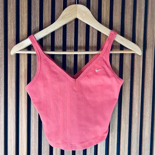 Photo of Nike Ribbed Crop Tank Top Women’s Small Coral Pink V-Neck Swoosh Y2K Yoga