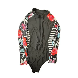 Photo of Womens M Long Sleeve Zip Front Bodysuit Floral Zebra Stripe High Neck Y2K