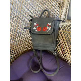 Photo of Olive Green Mini Backpack Purse with Red Rose Flower Embroidered Details