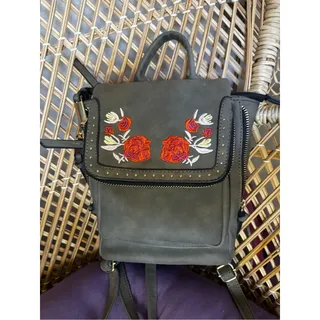 Photo of Olive Green Mini Backpack Purse with Red Rose Flower Embroidered Details