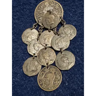 Photo of Vintage Brass Coin Dangle Brooch Hector Hercules Waterfall Statement Pin