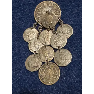 Photo of Vintage Brass Coin Dangle Brooch Hector Hercules Waterfall Statement Pin