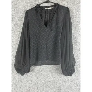 Photo of Alice + Olivia Black Size XS Long Sleeve Silk Blouse Sheer Sleeve Tie Neck Geo