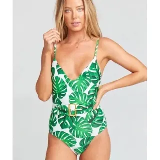 Photo of Mumu Mermaid Amalfi v-neck white green palm belted gold buckle one piece XL NWOT