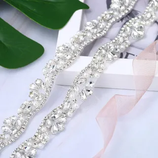 Photo of Silver Beaded Rhinestone Crystal Trim 1 Yard for Bridal Wedding Formal Dress
