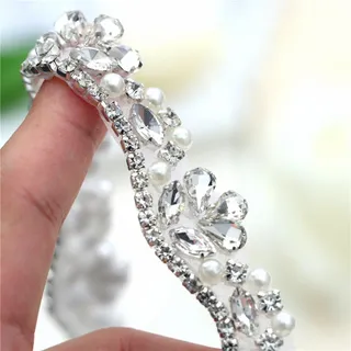 Photo of Silver Beaded Rhinestone Crystal Trim 1 Yard for Bridal Wedding Formal Dress