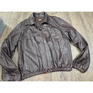 Photo of Vintage 100% Genuine Italian Italy Leather Brown Bomber Jacket Coat L/XL Men's