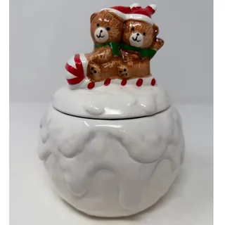 Photo of House of Lloyd Teddy Bear Snowball Cookie Jar Candy Cane Sleigh 8" Tall