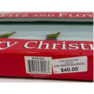 Photo of Fitz and Floyd Merry Christmas Stocking Glass Tray 2019 Three Stockings