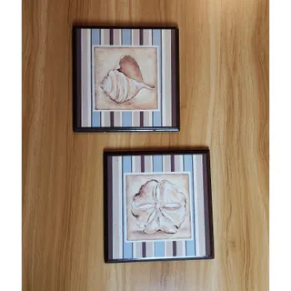 Photo of Set 2 Nautical Shell Wall Plaques 6x6 Coastal Decor Brown Blue White NWOT