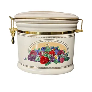 Photo of Knotts Berry Farm Foods Ceramic Canister w/ Clamp Lid Fruit Pattern Oval