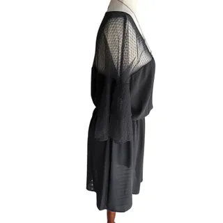 Photo of Express Women’s M Black Solid Sheer Lace Yoke A-Line Short Dress 3/4 Sleeve