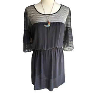 Photo of Express Women’s M Black Solid Sheer Lace Yoke A-Line Short Dress 3/4 Sleeve