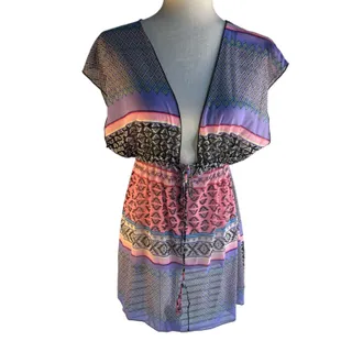 Photo of OP Women’s M Purple Pink Black Geometric Mesh Kaftan Dress V-Neck Drawstring