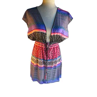 Photo of OP Women’s M Purple Pink Black Geometric Mesh Kaftan Dress V-Neck Drawstring