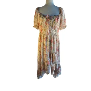 Photo of Scarlet Darkness Women’s L Pink Floral Smocked Square Neck Puff Sleeve Midi