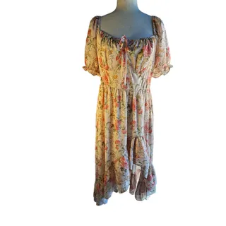 Photo of Scarlet Darkness Women’s L Pink Floral Smocked Square Neck Puff Sleeve Midi