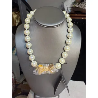 Photo of Kate Spade Pearl Necklace 18" Gold Bow Pendant Signed CO57710 NWT