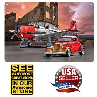Photo of Tin Metal Sign • 1934 Ford 3-Window Hot Rod & Navy Fighter Plane • T-28 Trojan