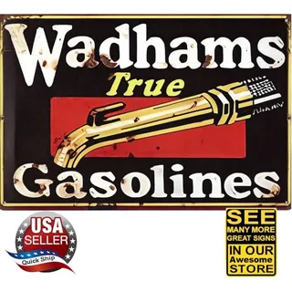 Photo of Metal Tin Petroliana Sign • Wadham's True Gasoline • 12x8 • Black White Red Gold