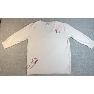 Photo of Laurie Felt Sweater Women L Ivory Butterfly Embroidered V Neck Lightweight Knit
