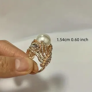 Photo of Faux White Giant Pearl Ring • Rhinestone Studded Rose Gold Tone Design • Size 8