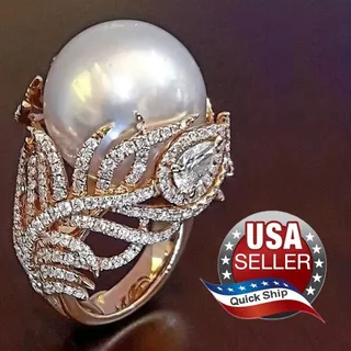 Photo of Faux White Giant Pearl Ring • Rhinestone Studded Rose Gold Tone Design • Size 8