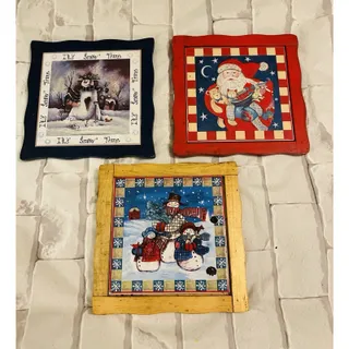 Photo of Set of 3 Vintage Christmas Wooden Tile Trivets Hot Plate Pot Holder