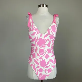 Photo of Kate Spade Pink and White Bathing Suit Floral One-Piece Scoop Back Size Medium
