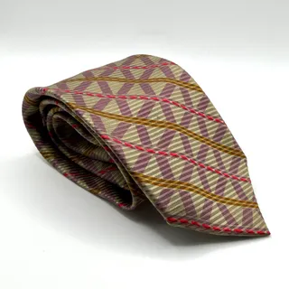 Photo of Vintage 90s Giorgio Armani Beige Purple Skinny Geometric 100% Silk Luxury Tie