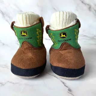Photo of John Deere Baby Toddler Cowboy Boot Slippers Brown Green Fleece Lined Western