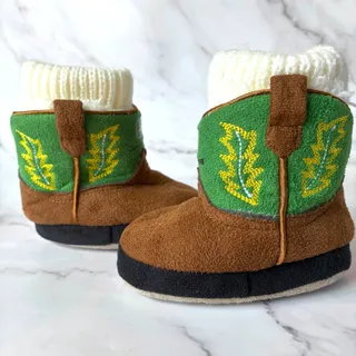 Photo of John Deere Baby Toddler Cowboy Boot Slippers Brown Green Fleece Lined Western
