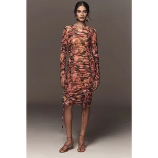 Photo of New Farm Rio x Anthropologie Ruched Midi Dress $218 LARGE Graphic Flowers ORANGE