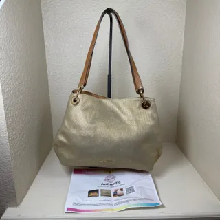 Photo of Michael Kors Large Raven Tote metallic gold canvas gold hardware EUC with COA