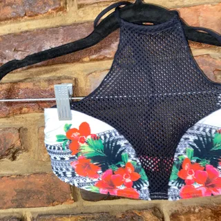 Photo of Rip Curl Tropical Floral Mesh High Neck Bikini Swim Bathing Suit Top Size Medium