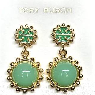 Photo of Tory Burch Winslow Green Enamel Drop Earrings Gold Mint Cabochon NWT
