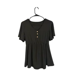 Photo of Shein Black Short Sleeve Button Henley Flare Hem V-Neck Blouse Women Sz S