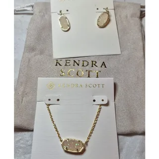 Photo of Kendra Scott Elisa Gold Plate Pendant Necklace Dangle Earrings Set Opal w Bag