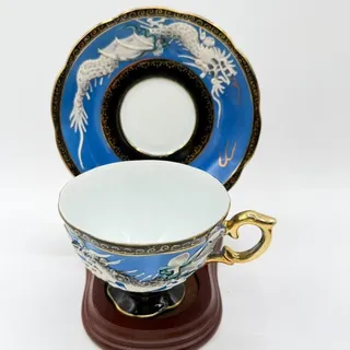 Photo of Shafford Blue Tea Cup Saucer Hand Painted Raised Oriental Dragon Moriage