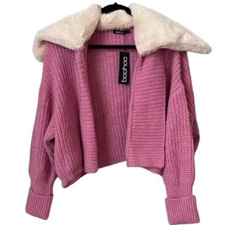 Photo of Boohoo Women's Pink Faux Fur Collar Chunky Cardigan Small