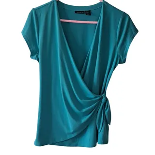 Photo of Tahari Women’s Teal Faux Wrap Short Sleeve Top Size Large