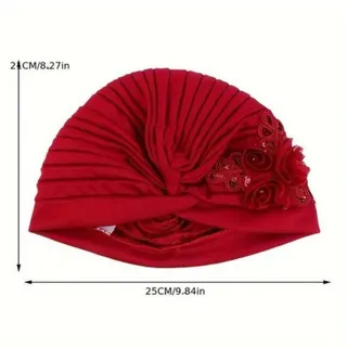 Photo of Faux Pearl Rhinestone Decor Turban White Head Wrap Elastic Head Scarf Chemo Cap
