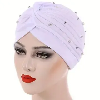 Photo of Faux Pearl Rhinestone Decor Turban White Head Wrap Elastic Head Scarf Chemo Cap