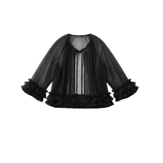 Photo of Vintage Black Sheer Chiffon Double-Ruffle Cropped Robe / Kimono – S/M