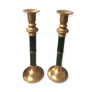 Photo of Sylvestri Vintage Brass and Green Enamel Candlestick Holders