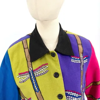 Photo of Vintage 90s Tunique Purple Green Dragonfly Beaded Cotton Colorblock Jacket