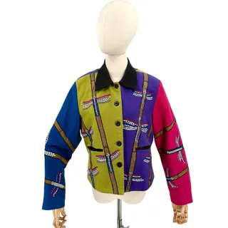 Photo of Vintage 90s Tunique Purple Green Dragonfly Beaded Cotton Colorblock Jacket