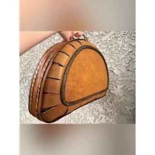 Photo of Vintage Half-Moon Structured Box Purse, Woven Wood / Bamboo Handbag