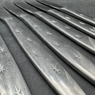 Photo of Set/6 Vtg Atomic Dinner Knives Serrated Solid Stainless Steel MCM